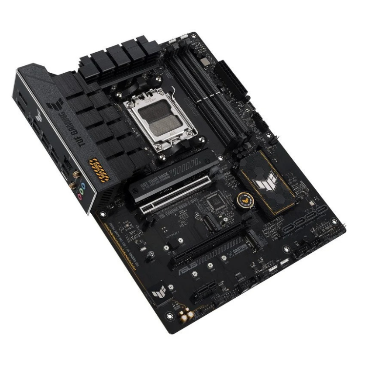 ASUS Tuf Gaming B650-E Wifi AM5 motherboard, black, various components and gold accents visible.