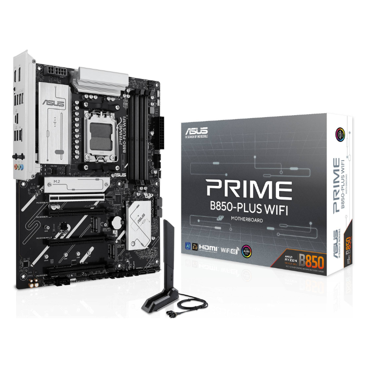 ASUS PRIME B850-PLUS WIFI motherboard, black, with box and WiFi antenna.