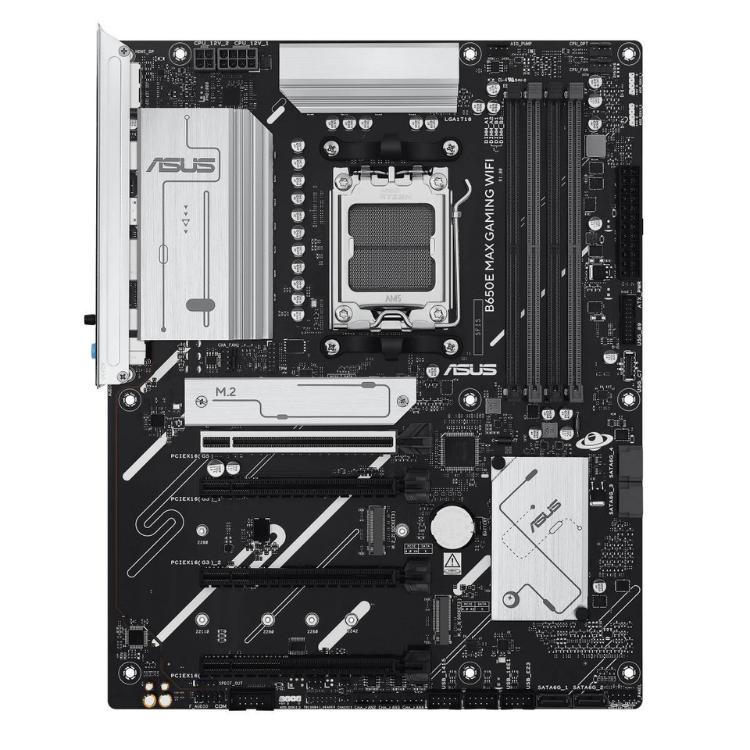 ASUS PRIME B650E MAX GAMING WIFI motherboard, black, AM5 socket, various components.