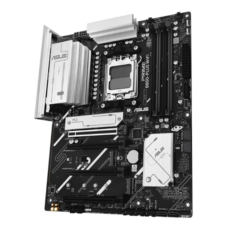 ASUS PRIME B850-PLUS WIFI motherboard, black, ATX, socket AM5, various silver components.