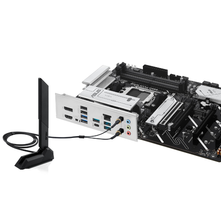 ASUS PRIME B850-PLUS WIFI motherboard, black and silver, with Wi-Fi antenna.