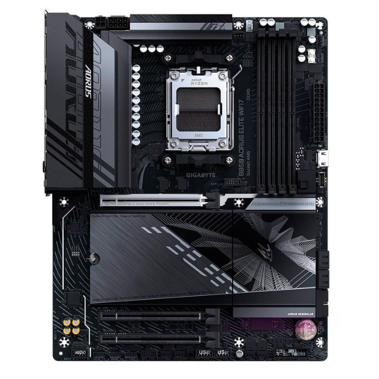 Gigabyte B850 AORUS ELITE WIFI7 motherboard, black, AM5 socket, various components and circuitry visible.