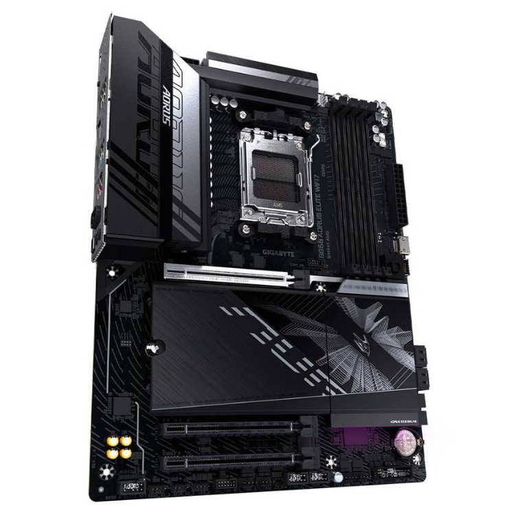Gigabyte B850 AORUS ELITE WIFI7 motherboard, black, ATX, AM5 socket, various components and circuitry visible.