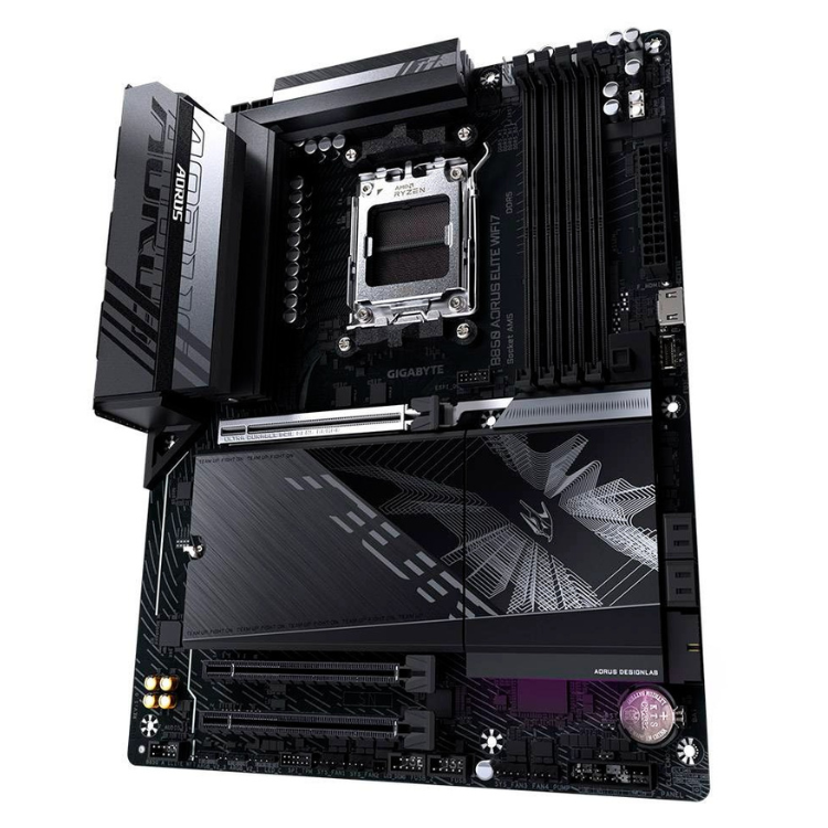 Gigabyte B850 AORUS ELITE WIFI7 motherboard, black, ATX, AM5 socket, various ports and components visible.