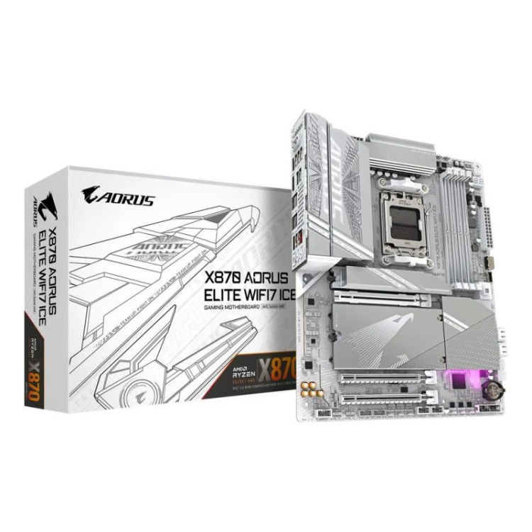 Gigabyte X870 Aorus Elite Wi-Fi 7 ICE motherboard, silver, with box, AORUS logo visible.