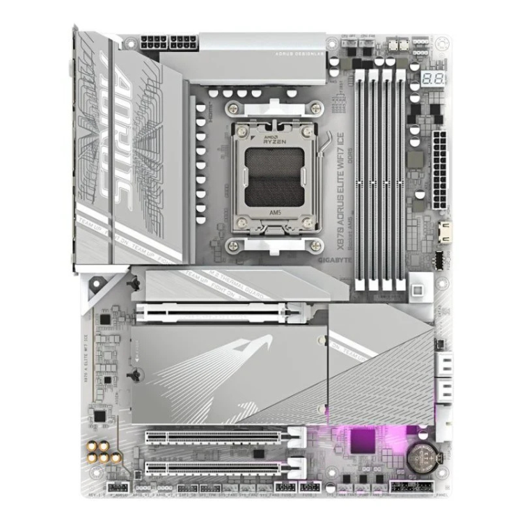 Gigabyte X870 Aorus Elite Wi-Fi 7 ICE motherboard, silver, ATX, AMD X870 chipset, AM5 socket.