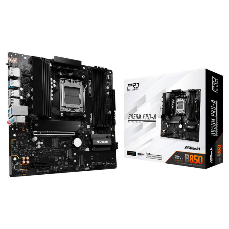 ASRock B850M Pro-A Micro-ATX motherboard, black, AM5 socket.