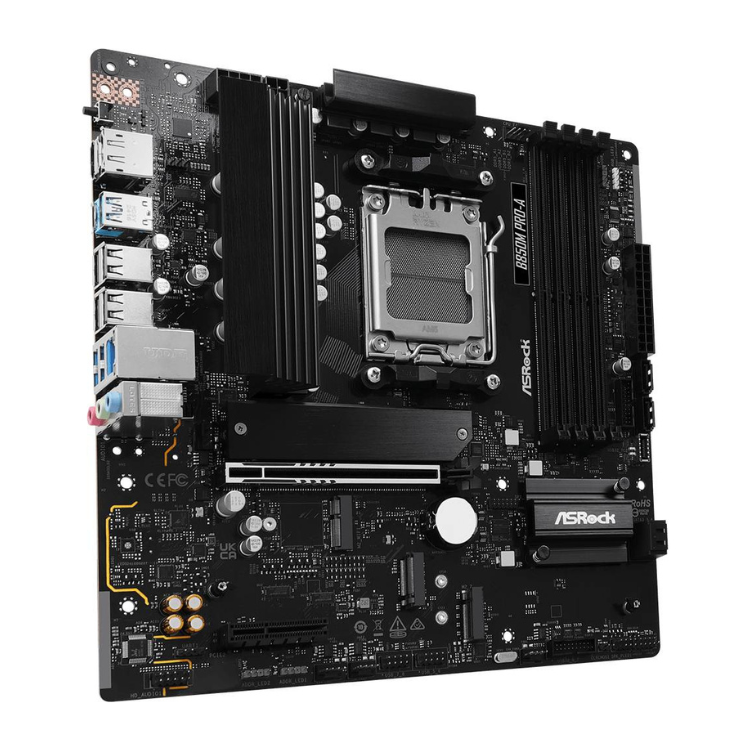 ASRock B850M Pro-A AM5 Micro-ATX motherboard, black, various ports and slots.