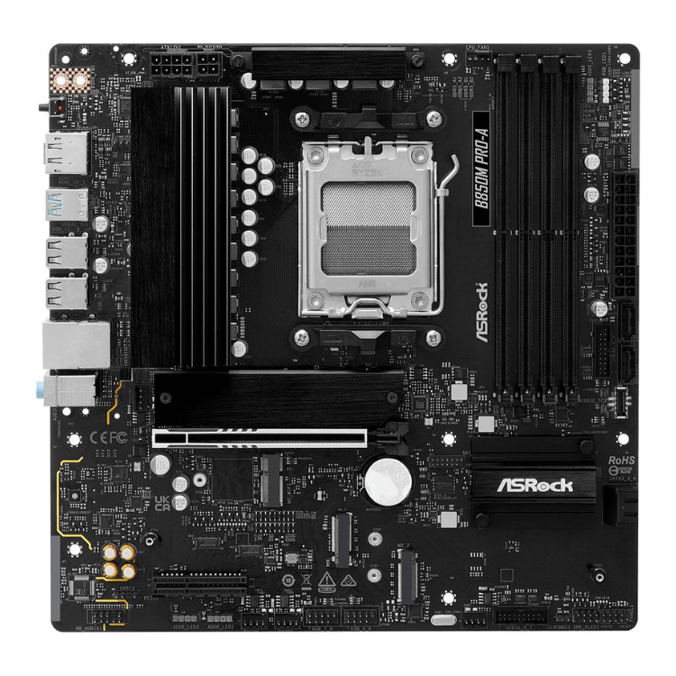 ASRock B850M Pro-A Micro-ATX motherboard, black, AM5 socket.