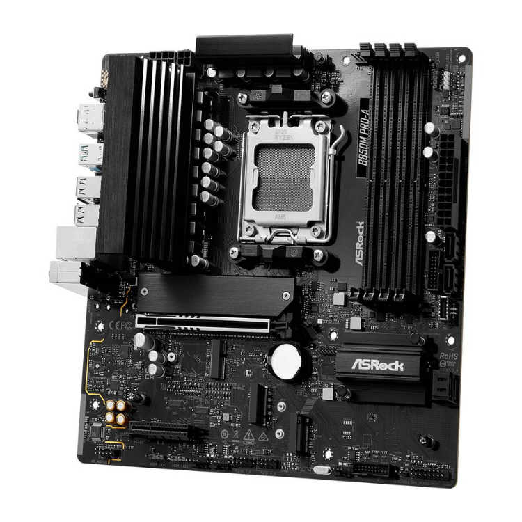 ASRock B850M Pro-A AM5 Micro-ATX motherboard, black, various components and ports visible.