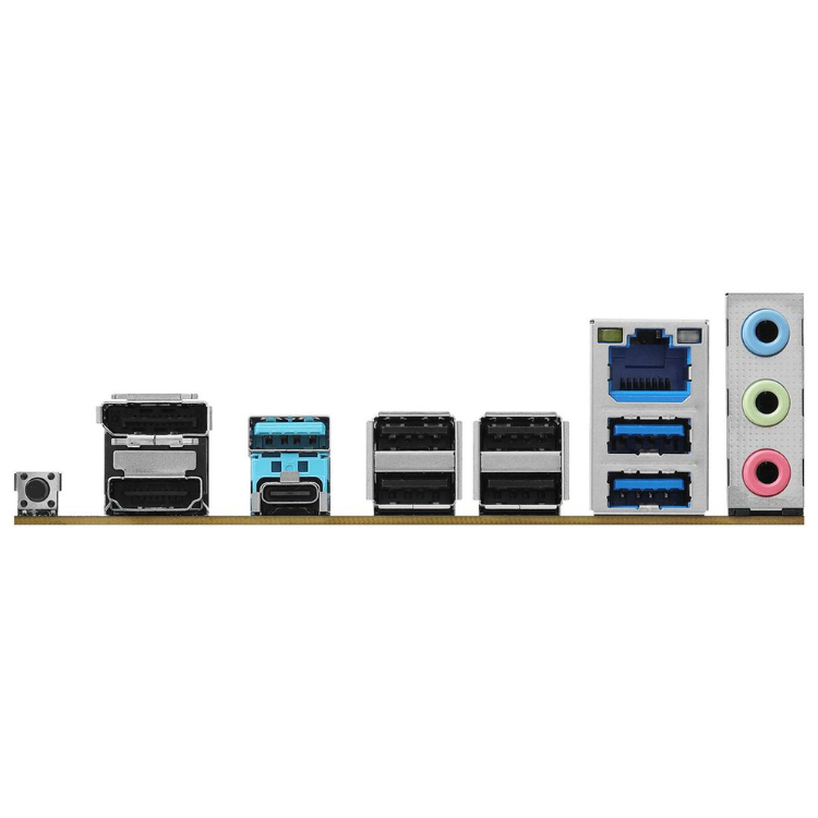 AsRock B850M Pro-A AM5 Micro-ATX motherboard ports, various colored audio jacks and USB ports.