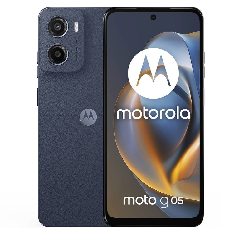 Smartphone Motorola Moto G05 azul, 4GB/128GB, Dual Sim, com câmeras duplas e ecrã com logótipo da Motorola.