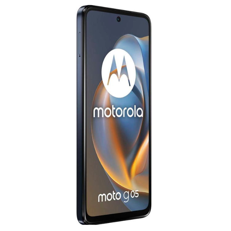 Smartphone Motorola Moto G05 azul, com ecrã ligado, logótipo Motorola e texto Moto G05.