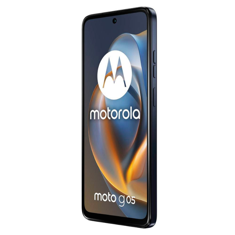 Smartphone Motorola Moto G05 azul, com ecrã ligado a mostrar o logótipo da marca e o nome do modelo.