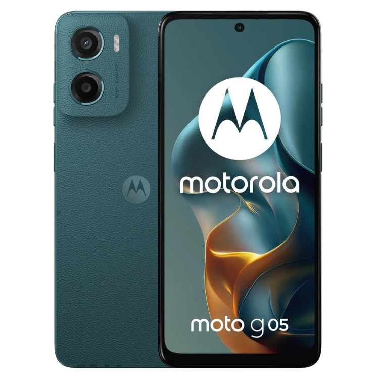 Smartphone Motorola Moto G05 verde, com câmara dupla e ecrã de 6.67 polegadas.