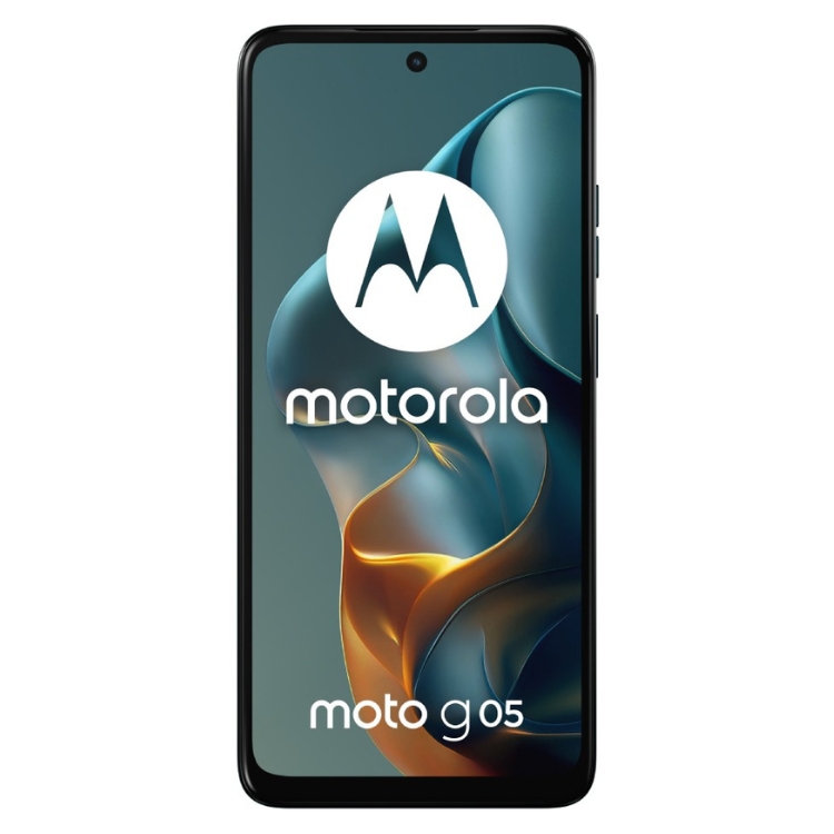 Smartphone Motorola Moto G05 verde com ecrã ligado mostrando o logótipo da marca e o nome do modelo.