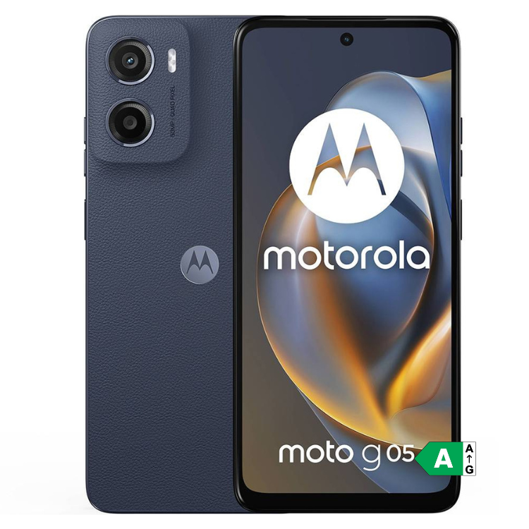 Smartphone Motorola Moto G05 azul, 4GB/128GB, Dual Sim, com câmeras duplas e ecrã com logotipo da Motorola.