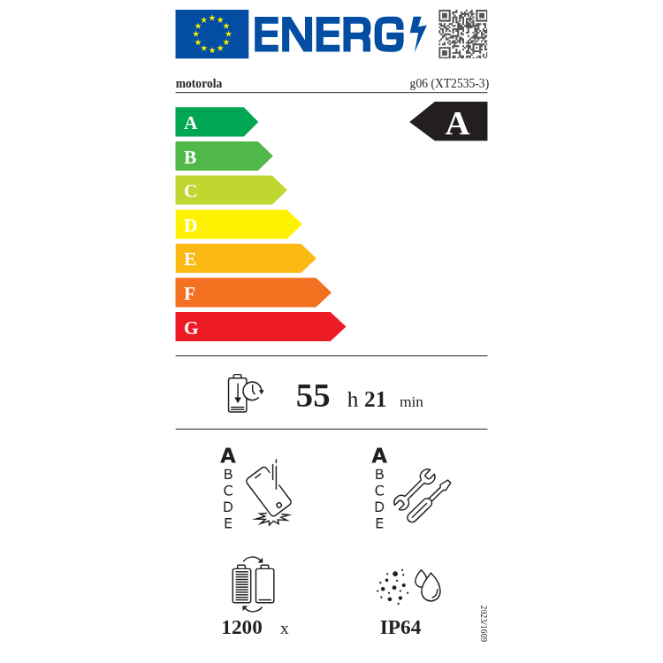 Etiqueta energética do smartphone Motorola G06, classificação A, com informações de bateria e resistência à água.