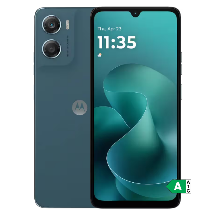 Smartphone Motorola Moto G06 4GB/256GB Dual Sim Azul, com ecrã ligado a mostrar o dia e hora, e câmaras duplas na parte de trás.