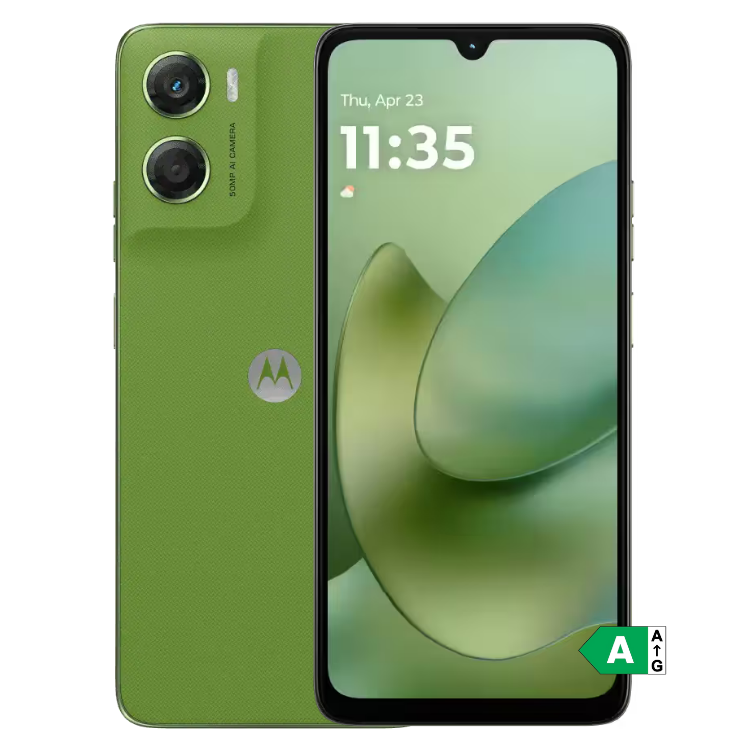 Smartphone Motorola Moto G06 4GB/256GB Dual Sim verde, com ecrã ligado a mostrar o relógio e fundo verde.