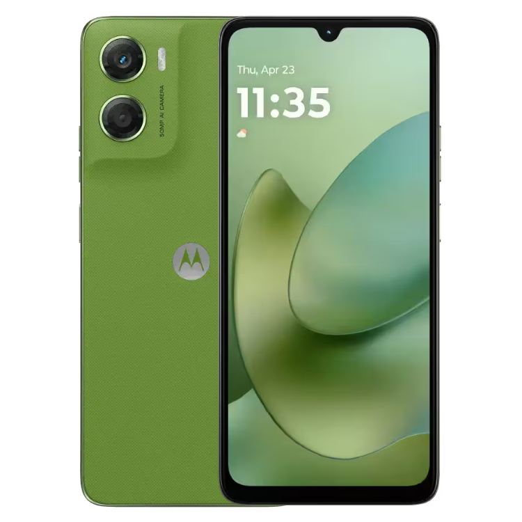 Smartphone Motorola G06 4GB/256GB Dual Sim verde, com ecrã ligado a mostrar o relógio e fundo verde.
