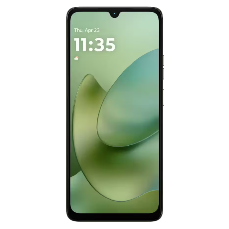 Smartphone Motorola G06 4GB/256GB Dual Sim verde com ecrã ligado a mostrar o relógio.