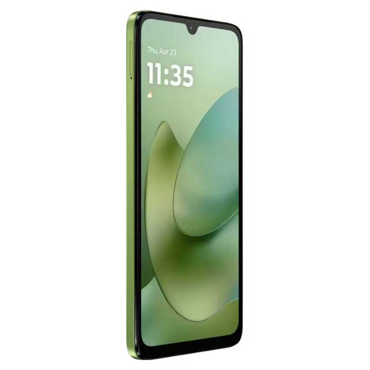 Smartphone Motorola G06 4GB/256GB Dual Sim verde, com ecrã ligado a mostrar o relógio.