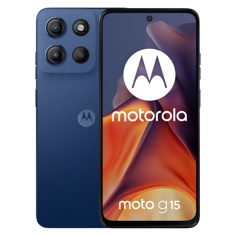 Smartphone Motorola Moto G15 azul marinho, 4GB/128GB, câmara tripla, ecrã HD.