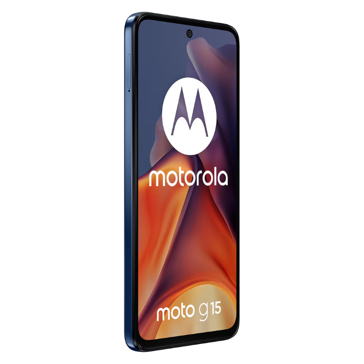 Smartphone Motorola Moto G15, azul marinho, ecrã colorido com logótipo Motorola e texto moto g15.