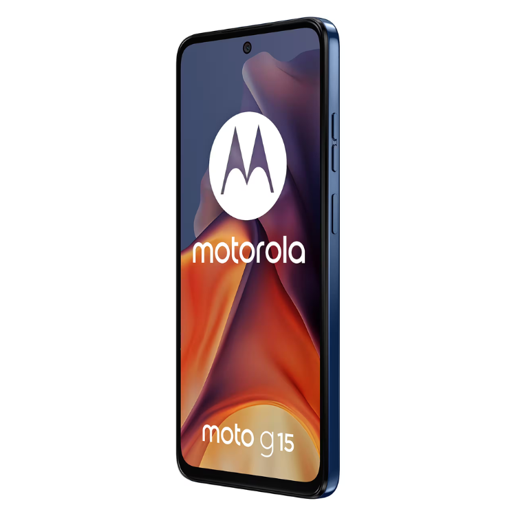 Smartphone Motorola Moto G15, azul marinho, ecrã colorido com logótipo Motorola e texto Moto G15.