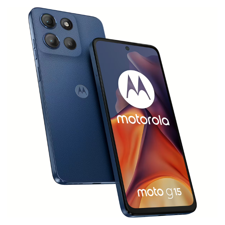 Smartphone Motorola Moto G15 azul marinho, 4GB/128GB, Dual Sim, com ecrã e logótipo visíveis.