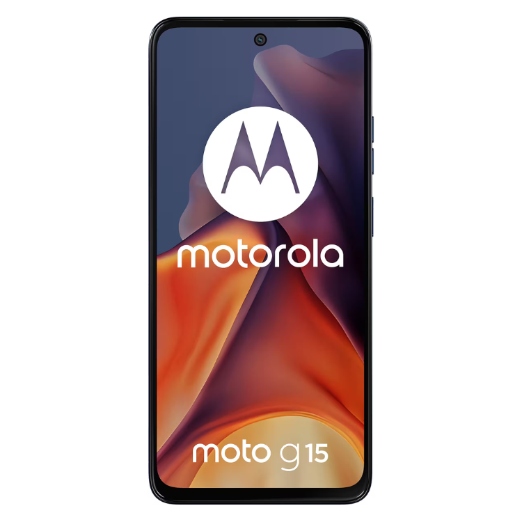 Smartphone Motorola Moto G15, azul marinho, ecrã grande, 4GB RAM, 128GB armazenamento.