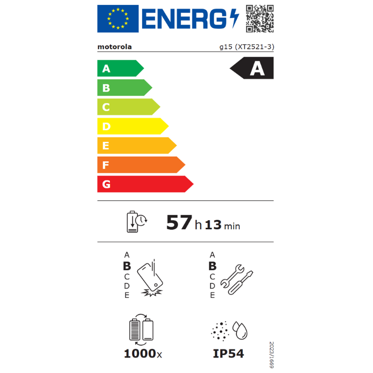 Etiqueta energética do smartphone Motorola G15, eficiência A, bateria 57 horas e 13 minutos.