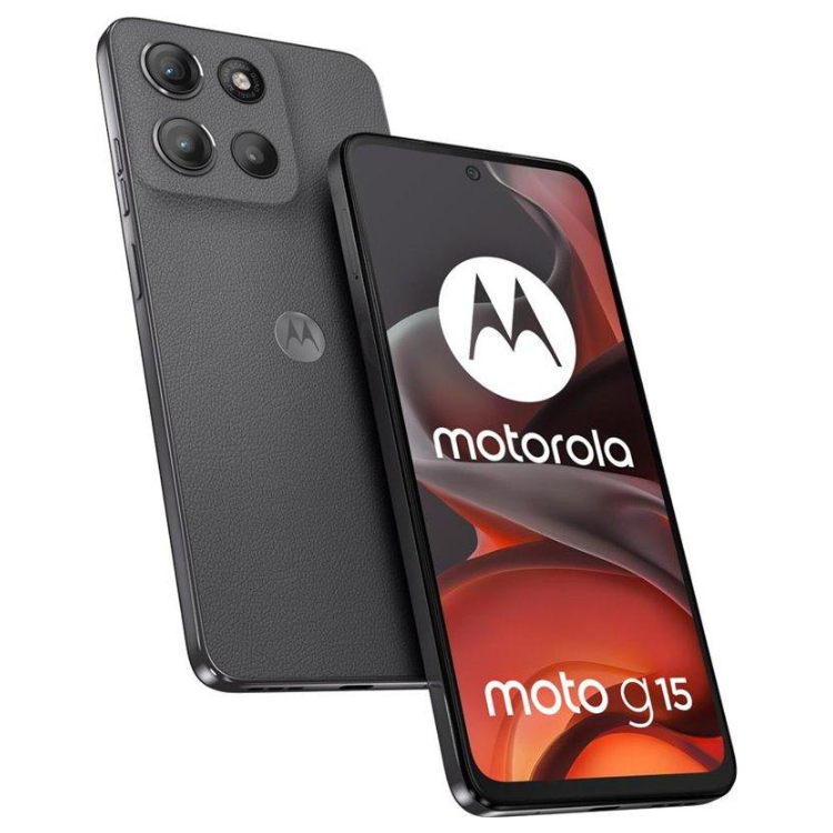 Smartphone Motorola Moto G15 cinzento, 8GB/128GB, com três câmeras na parte traseira e ecrã de 6.72 polegadas com logotipo da Motorola.