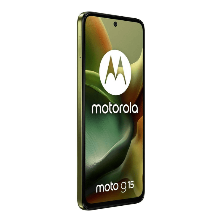 Smartphone Motorola Moto G15 verde, com logotipo da marca e nome do produto na tela.