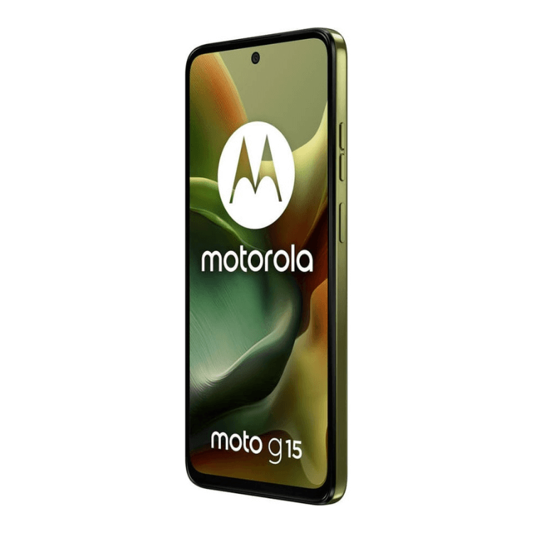 Smartphone Motorola Moto G15 verde, com logotipo da marca e modelo na tela.