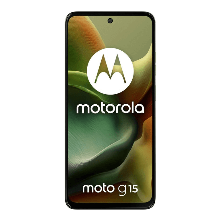 Smartphone Motorola Moto G15 verde, com logotipo da marca e ecrã colorido.
