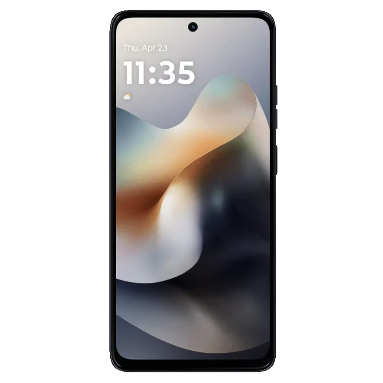 Smartphone Motorola G56 5G preto com ecrã ligado a mostrar o relógio.
