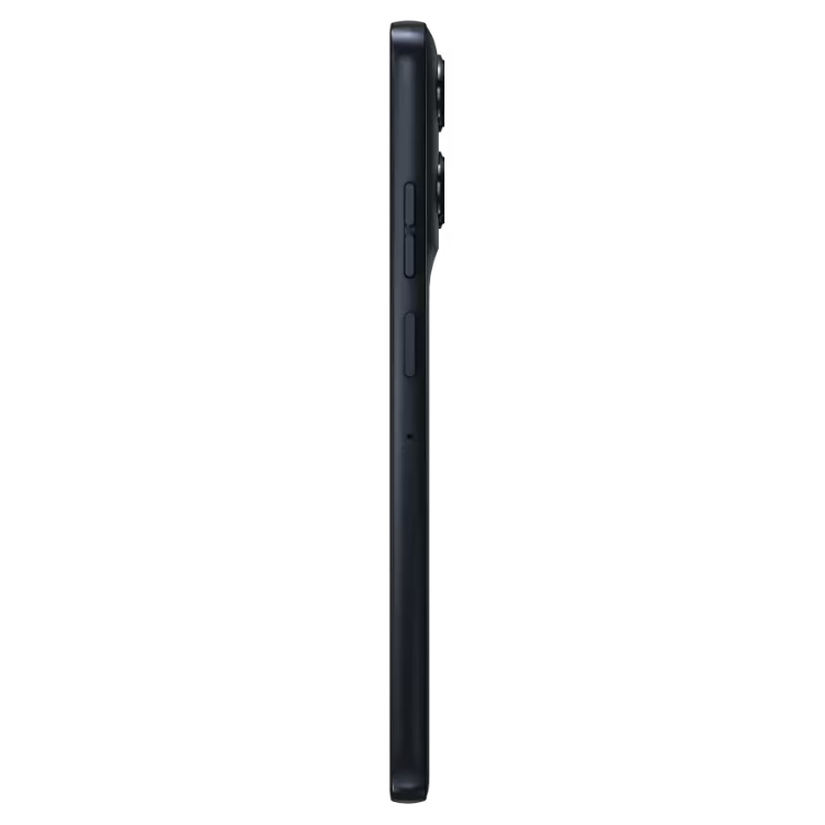 Motorola G56 5G preto, lado direito com botões e conector, em fundo branco.