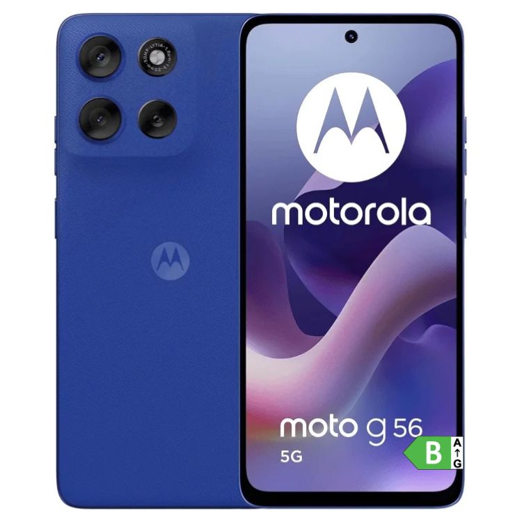 Smartphone Motorola Moto G56 5G azul, 8GB RAM, 256GB armazenamento, câmaras triplas e ecrã com logótipo Motorola.