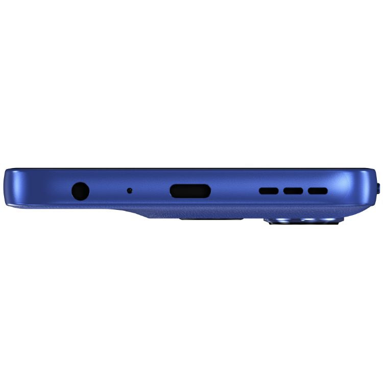 Motorola G56 5G azul, lado direito com várias entradas e saídas.