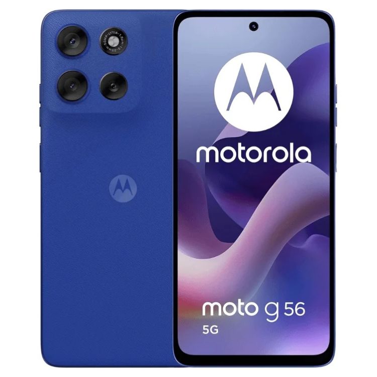 Smartphone Motorola Moto G56 5G azul, 8GB/256GB, câmara tripla e ecrã ligado.