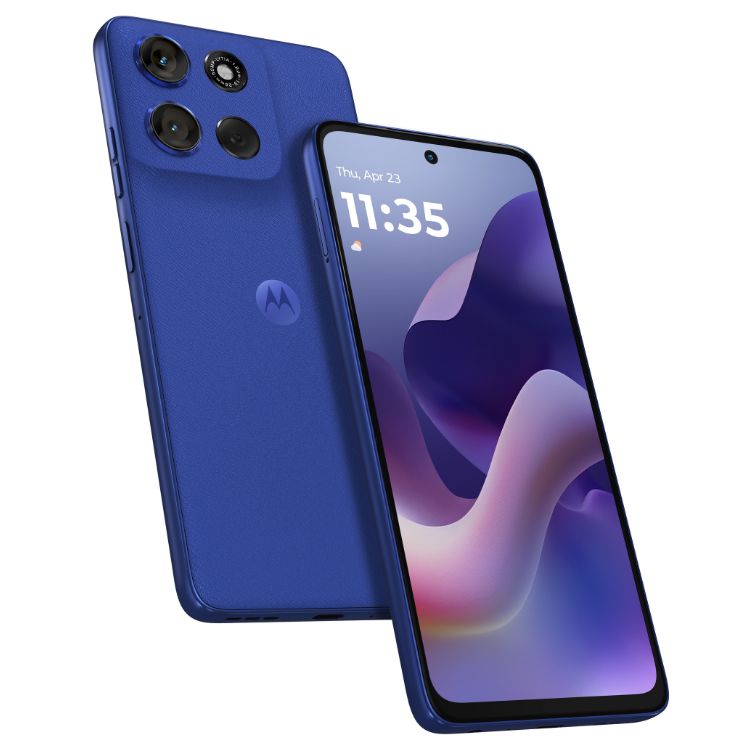 Smartphone Motorola G56 5G azul, 8GB/256GB, câmara tripla e ecrã ligado a mostrar o relógio.