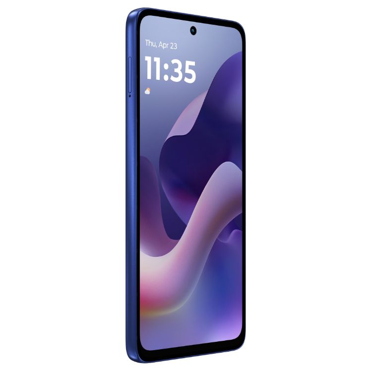 Smartphone Motorola G56 5G azul com ecrã ligado a mostrar o dia e hora.