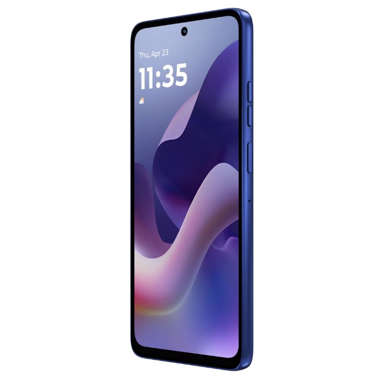 Smartphone Motorola G56 5G azul com ecrã ligado a mostrar o ecrã de bloqueio.