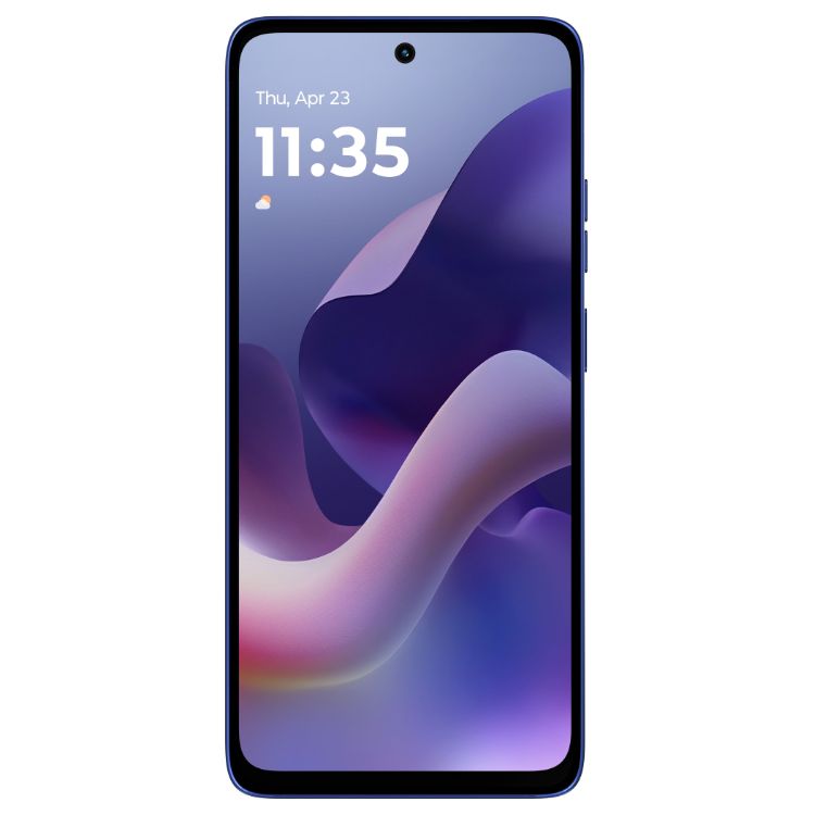 Smartphone Motorola G56 5G azul com ecrã ligado a mostrar o dia e hora.