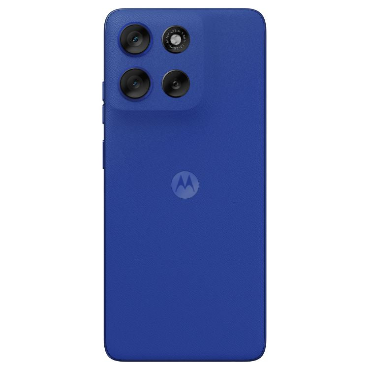Smartphone Motorola G56 5G, azul, 4 câmeras na parte superior esquerda e logotipo M no centro.