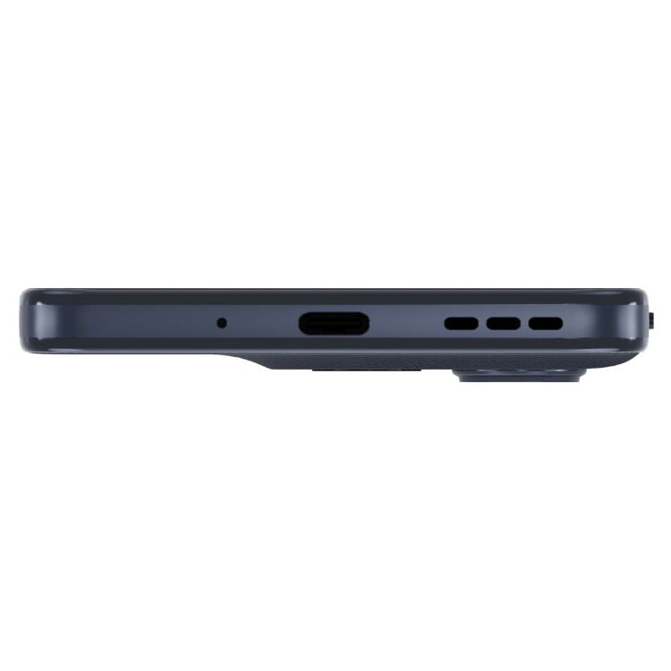 Motorola G86 5G, lado inferior, azul, com entradas USB, microfone e altifalantes.