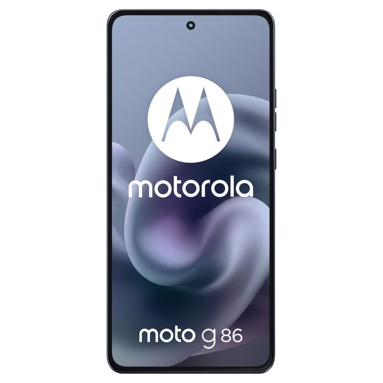 Smartphone Motorola Moto G86 5G azul com logotipo da marca na tela.