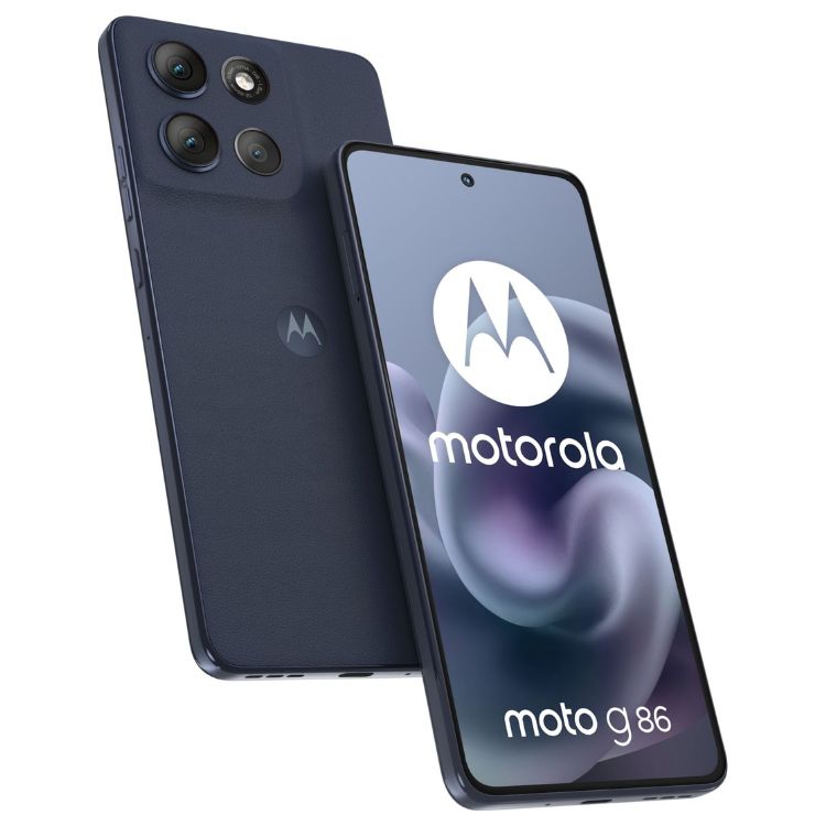 Smartphone Motorola Moto G86 5G azul com 3 câmaras e ecrã ligado com logótipo da marca.